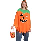 Mesleboru 3 Pcs Pumpkin Costume Women Glow in the Dark Adult Halloween Costume Set with Poncho Headband and Pumpkin Bag