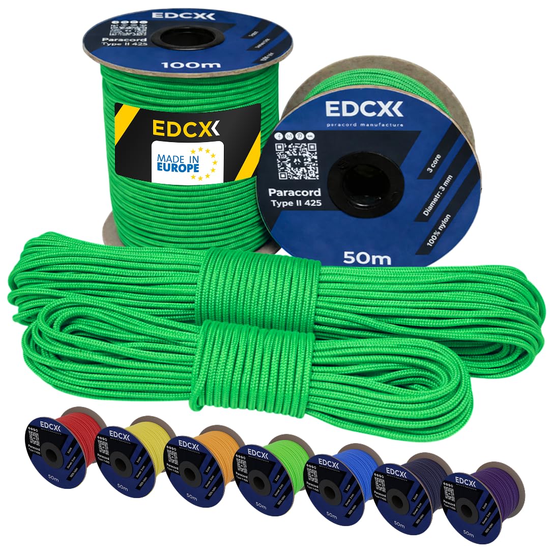 EdcX 3 mm Nylon Paracord 425 (15, 30, 50 and 100m) – 3 mm Type II, 100% Nylon Rope, 3 Strand Rope, 3 mm Nylon Rope in Many Colors (Green, 15 m)