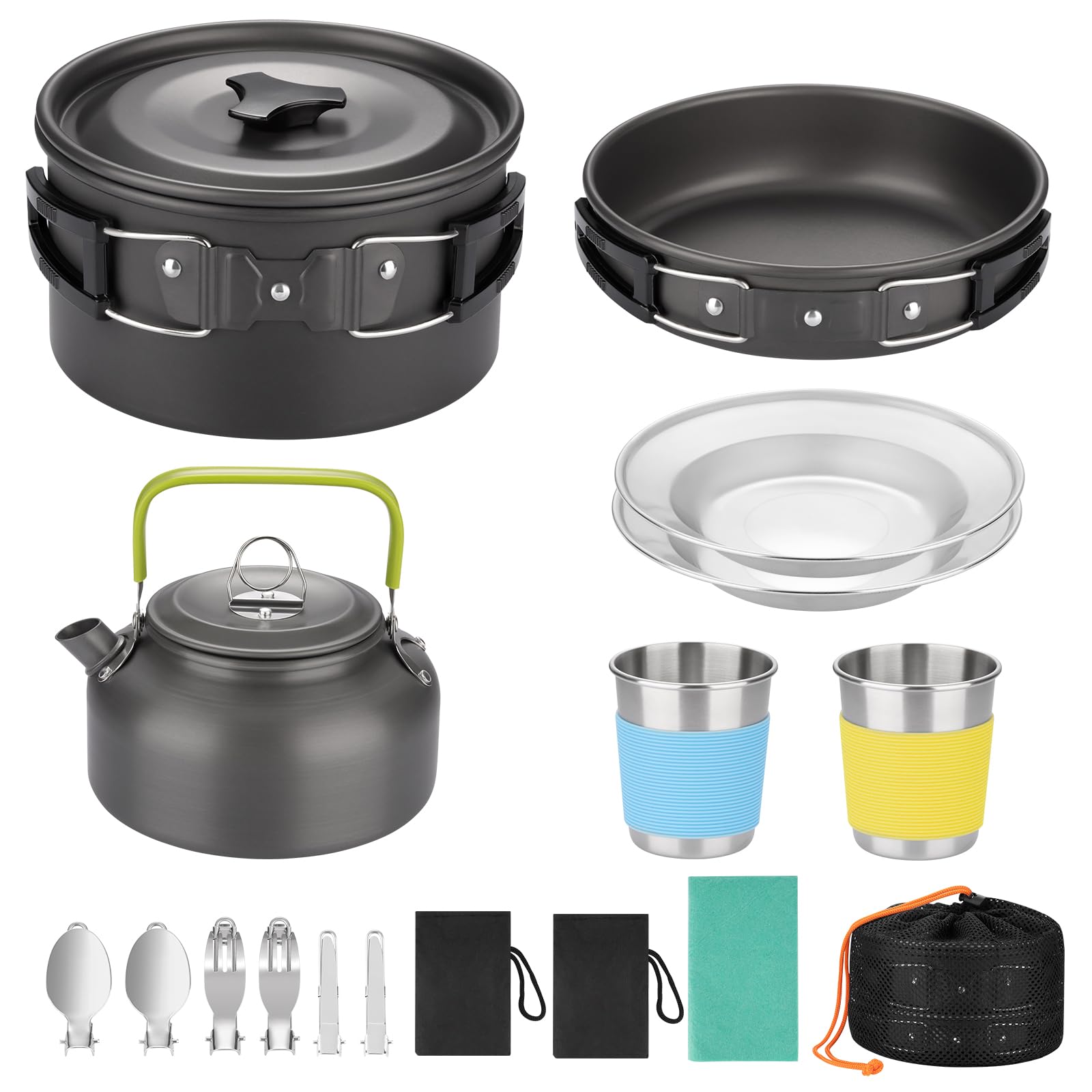 Photo 1 of Camping Cooking Set 17pcs, Camping Cookware with Aluminum Non-Stick Pot Pan Kettle Set and 2 Set Stainless Steel Cups Plates Forks Knives Spoons for Backpacking Hiking, Camping Cooking