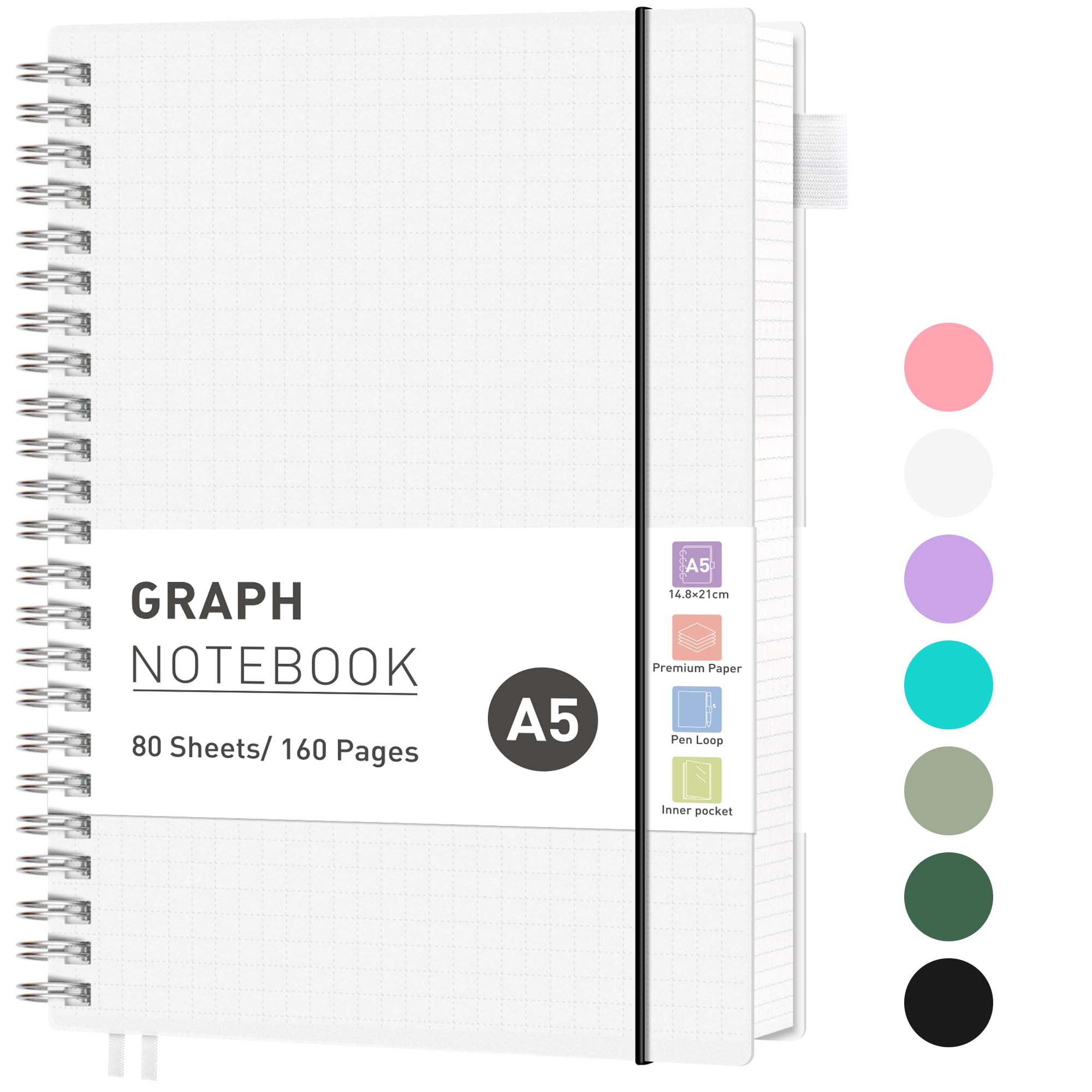 RETTACY Graph Grid Paper Notebook, 160 Pages, A5 Size (14.5 x 21 cm), 5mm per Square, 100 GSM Thick Paper, Flexible Plastic Cover, Spiral-bound, for School, Students, Math, Engineering (Transparent)