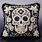 Black and White Skull Latch Hook Kits Pillow Cover Printed Canvas DIY Cushion Crochet Yarn Needlework Hook Latch Kit Embroidery Pillowcase Rug Home Sofa Christmas Decoration 43x43cm(1)