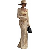 EDOLYNSA Women's Crochet Swimsuit Cover ups Long Sleeve Knit Beach Dress Hollow Out Backless Vacation Outfits Sexy Beachwear