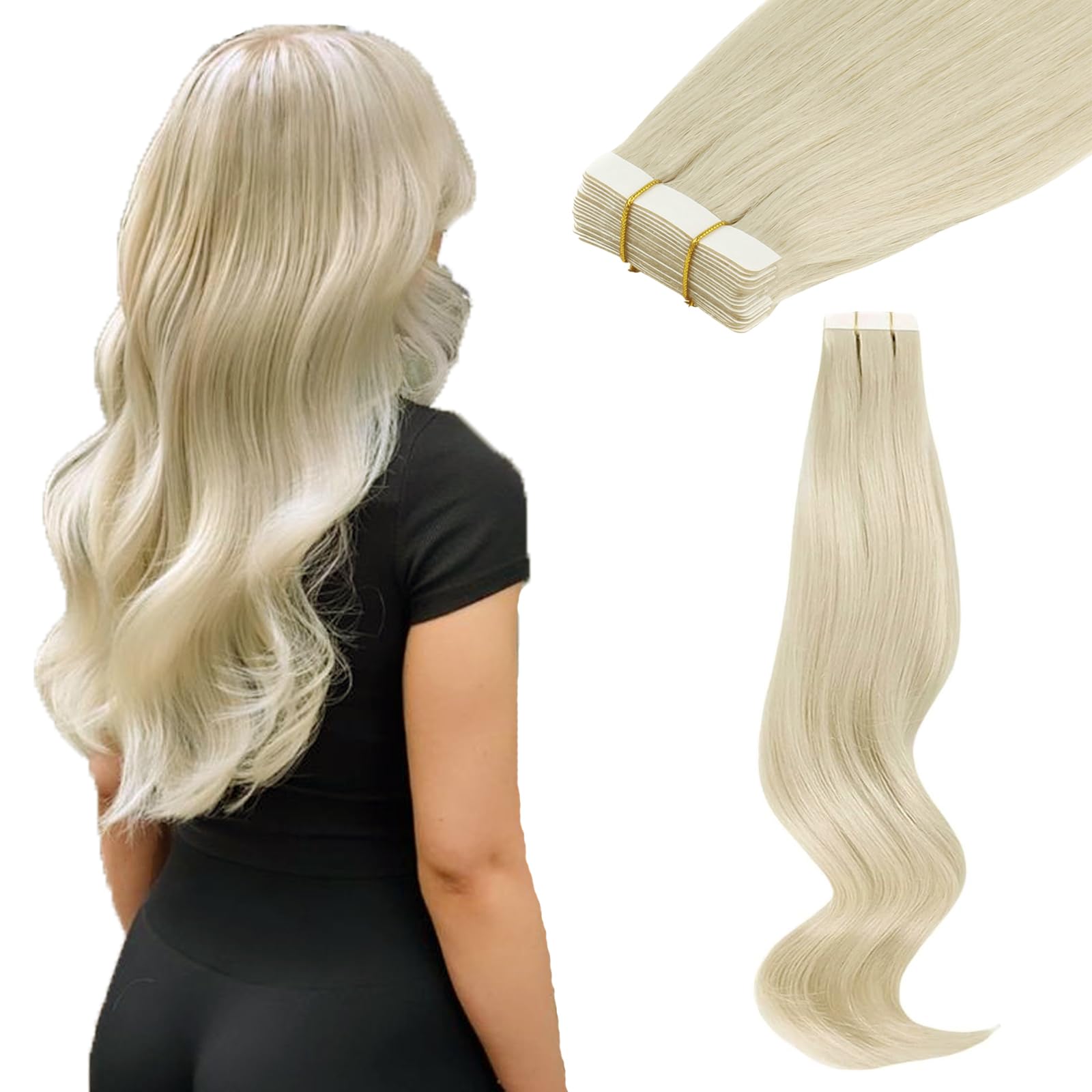 ABH AMAZINGBEAUTY HAIR Tape in Human Hair Extensions - White Blonde Color 1000 for Women - Invisible Tape on Real Remy Hair - 16 Inch 20Pcs 50G — image 1