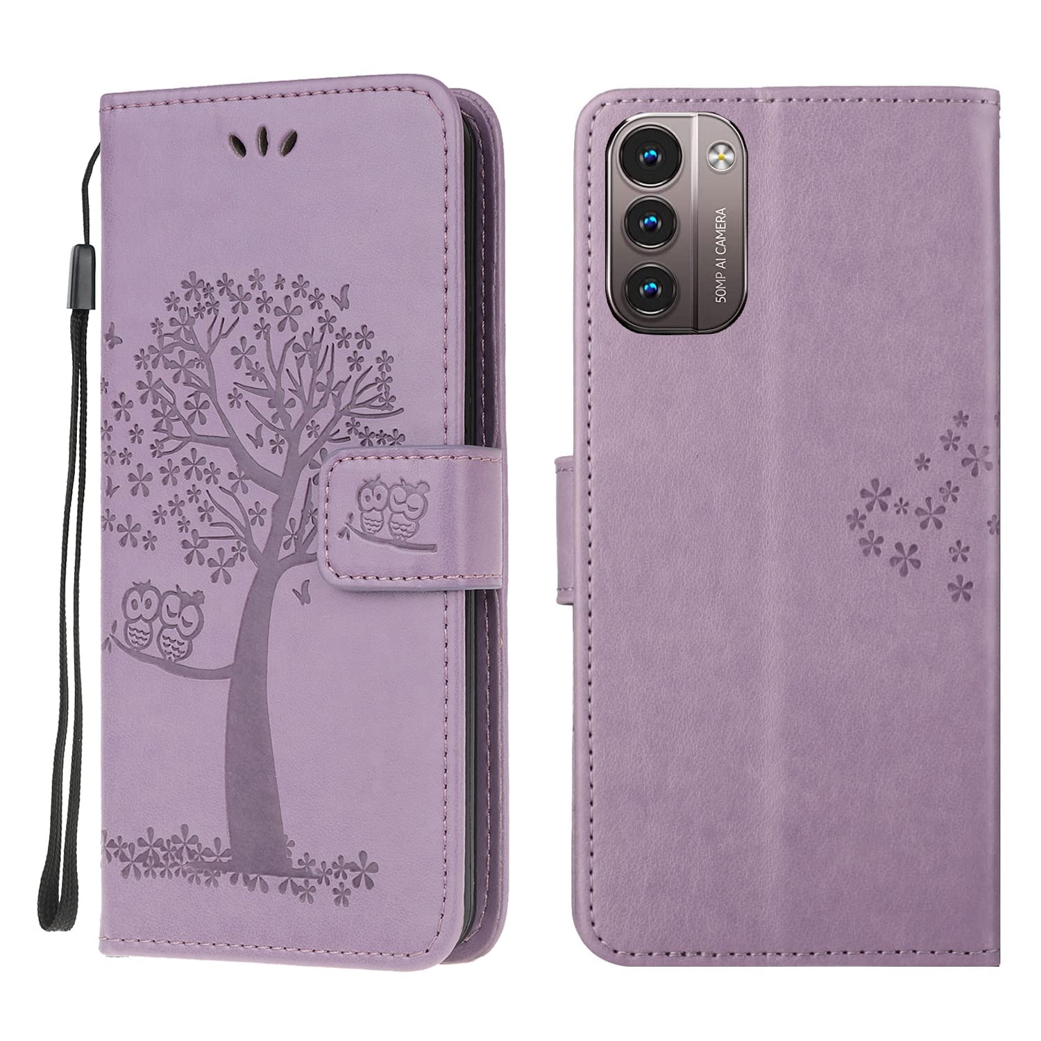 Nokia G21 Case, Nokia G11 Case Leather Wallet Flip Folio Magnetic Clasp Card Holder Stand View Bookstyle Cases for Nokia G21 / G11 Phone Cover Shockproof Cute Owl & Tree Pattern Girls, Light Purple