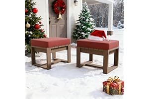 EAGLE PEAK Natural Cedar Outdoor Patio Ottomans with Removable Cushions, Set of 2, Outdoor Real Wood Footrest Contemporary Décor for Deck, Porch, Balcony and Backyard, Brownish/Red