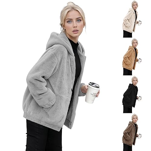 Fleece Jacket Women Uk Ladies Fuzzy Winter Warm Hooded Sweatshirt with Pockets Casual Full Zip Solid Teddy Hoodie Long Sleeve Soft Fall Comfort Fleece Lined Jacket (Grey #2, L/2)