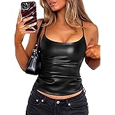 OZICERD Black Faux Leather Going Out Crop Tops for Women Ruched Sleeveless Club Top Rave Outfit Strap Pleather Tank Top Cami