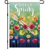 Hello Spring Garden Flag Dragonfly House Flag Spring Welcome Garden Flags 12 x 18 Double Sided Floral Flags for Patio Lawn Home Outdoor Decor