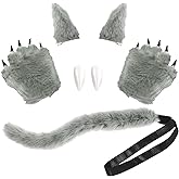 Haysandy 4 Pieces Halloween Wolf Costume for Women Men Adult Werewolf Fox Tail Clip Ears and Gloves Teeth for Halloween Fancy Party Cosplay Accessories
