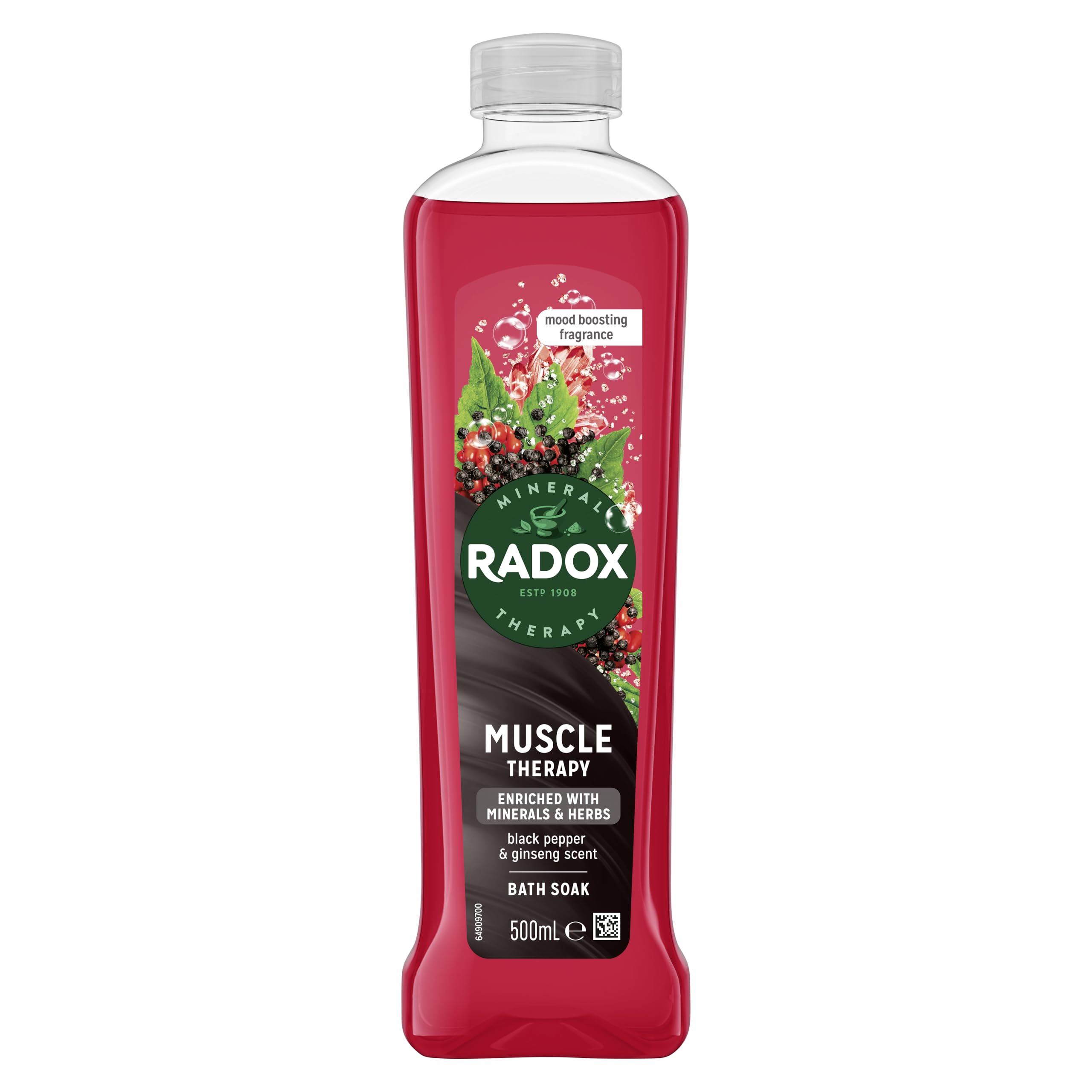 Radox Mineral Therapy Muscle Therapy Bath Soak uniquely blended with minerals, herbs, black pepper & ginseng for a rejuvenating bubble bath 500 ml
