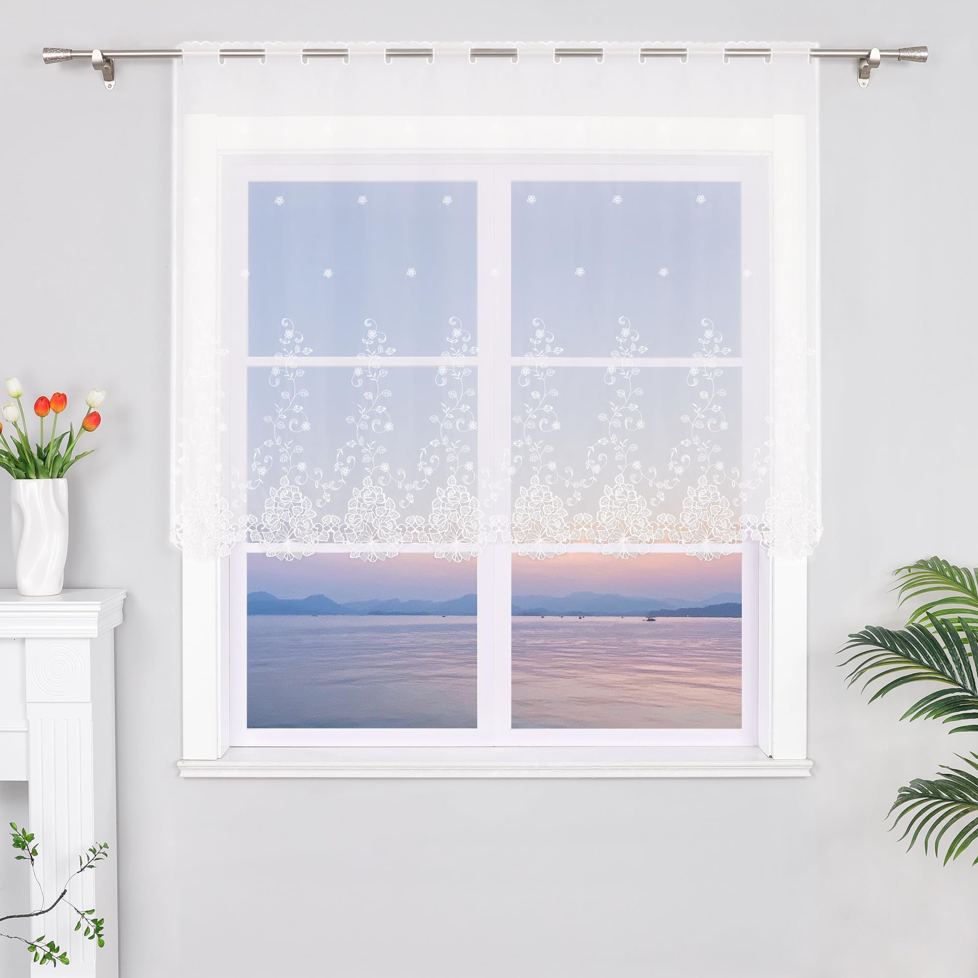 Heichkell Voile Short Curtain Hollow Embroidery Curtain Kitchen Door Corridor Curtain Cream 1 Piece Height x Width 120 x 150 cm