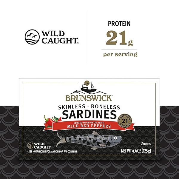 BRUNSWICK WILD CAUGHT SKINLESS AND BONELESS SARDINES, SERVED IN OLIVE OIL WITH MILD RED PEPPERS, 4.4 OZ