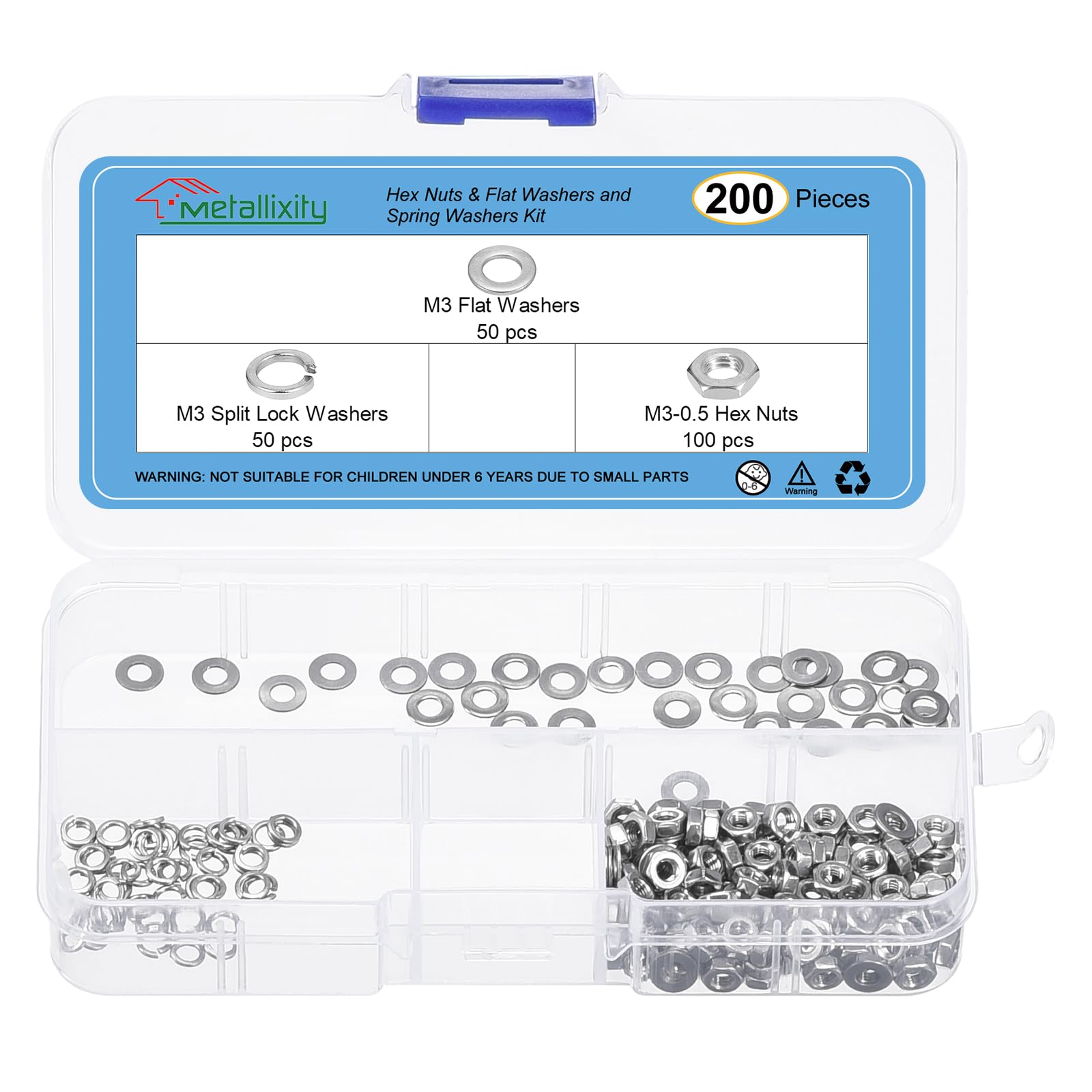 METALLIXITY Hex Nuts Assortment Kit (M3-0.5 Hex Nut with M3 Flat & Lock Washers) 200Pcs, 304 Stainless Steel Hexagon Nut Hardware with Washer