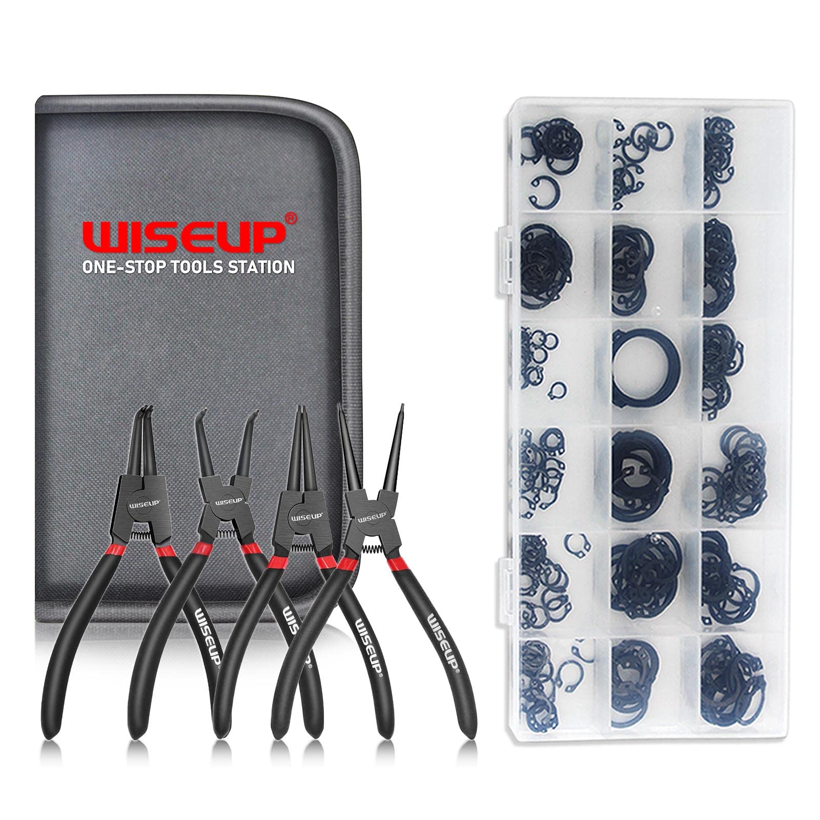 Photo 1 of WISEUP Snap Ring Pliers Set With 225pcs Retaining Ring Set, 4PCS-7 inch Circlip Pliers Kit,Straight/Bent Jaw Pliers Tips C-Clip Pliers for Ring Remover with Storage Pouch