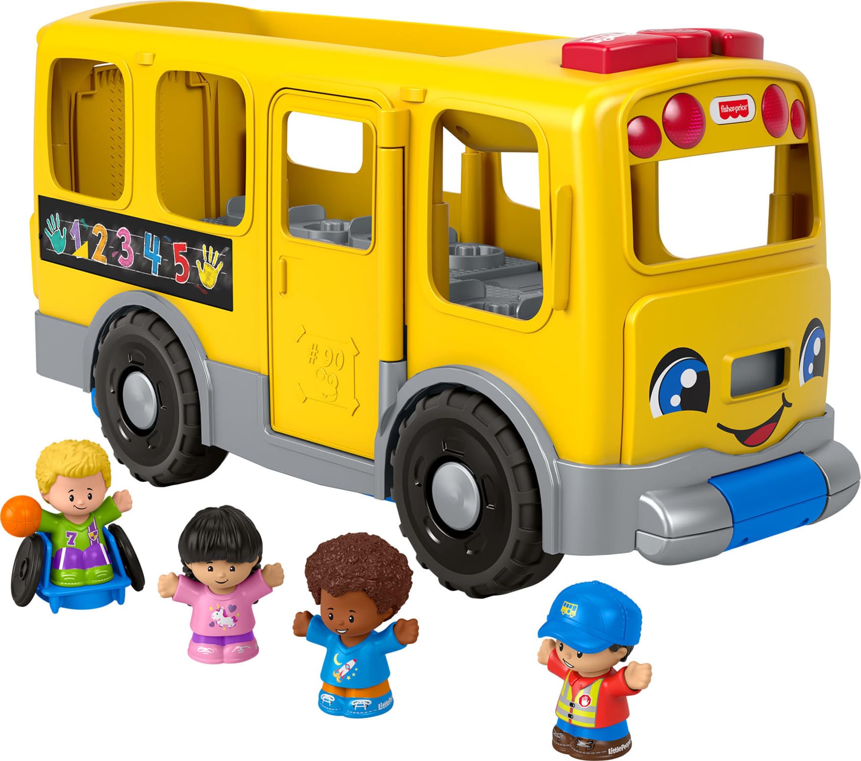 Fisher-Price Little People Juguete de aprendizaje para niños pequeños, vehículo de arrastre de autobús escolar amarillo grande y 4 figuras para niños a partir de 1 año, versión multilingüe