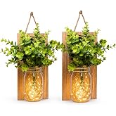 Rustic Wall Sconces, Mason Jar Sconces, Farmhouse Home Decor, LED Fairy Lights, Green Fake Plant, Interior Decoration Warm Toned Lighting. (2 Pack)