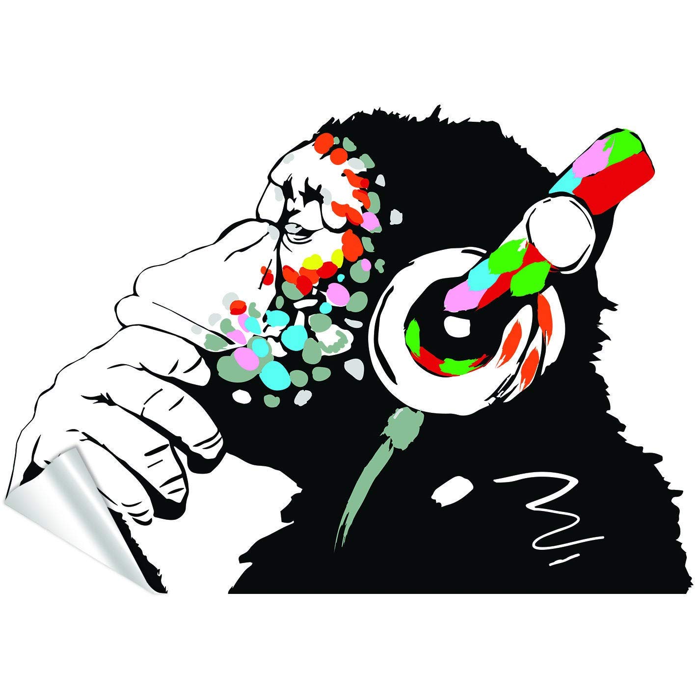 Banksy Thinking Monkey Sticker - Art Vinyl Street Dj Baksy Wall Decal - Headphones Chimp Music Thinker Graffiti Mural - Boy Smart Decals