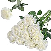 Nubry Artificial Silk Rose Flower Bouquet Lifelike White Fake Rose for Wedding Home Party Decoration Event Gift 10pcs (Off White)