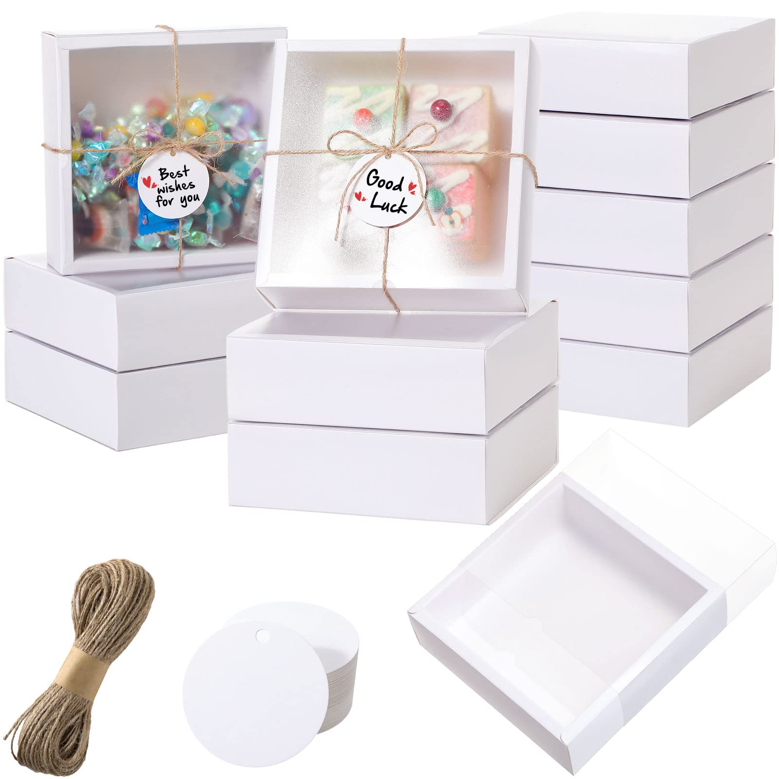 Photo 1 of Roowest 50 Sets Kraft Gift Boxes Rectangle Kraft Paper Drawer Box with Window Homemade Soap Box with Blank Tags and Jute String for Jewelry Candy Wrapping Party Favor(White, 6.5 x 6.5 x 2 Inch)