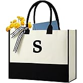 Personalized Canvas Initial Tote Bags,Embroidery Monogram with Leather Handle,Present Suitable for Mom,Wedding,Beach