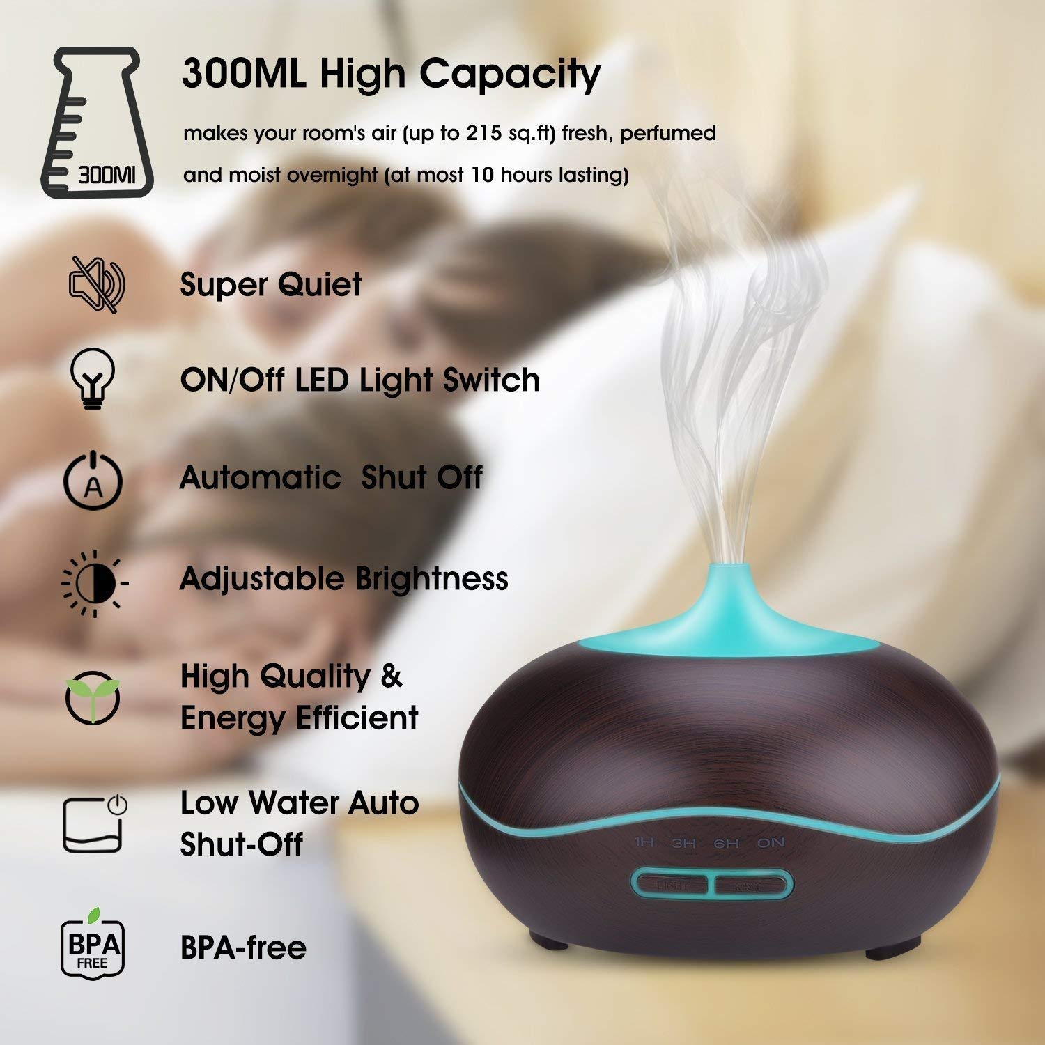 Essential Oil Diffuser, Cool Mist Ultrasonic Aroma Diffuser, Air Humidifier Wood Grain with Waterless Automatically Shut-off for Office Home Yoga Spa-Black …