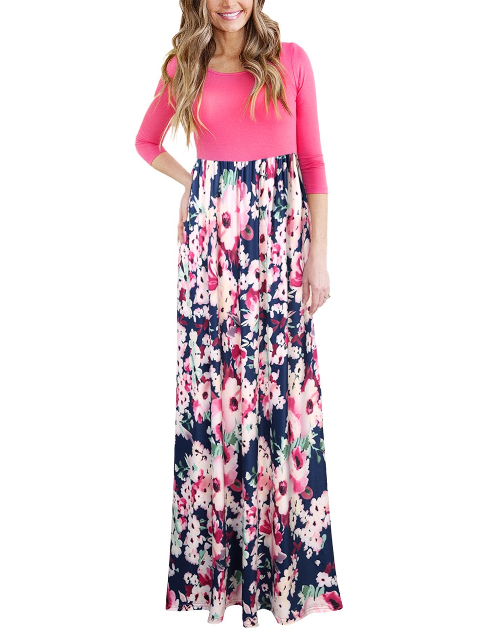 GloryStar Women\'s Maxi Dress Floral Printed Autumn 3/4 Sleeve Casual Tunic Long Wrap Dress Pink XL