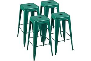 Furniwell 30 Inches Metal Bar Stools High Backless Tolix Indoor-Outdoor Stackable Barstool with Square Counter Seat Set of 4 (Green)