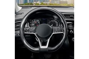 SEG Direct Flat Bottom Steering Wheel Cover Carbon Fiber, D Shaped Car Wheel Cover 14 1/2-15 in. (37-39 cm), Black Microfiber Leather with Carbon Fiber Pattern