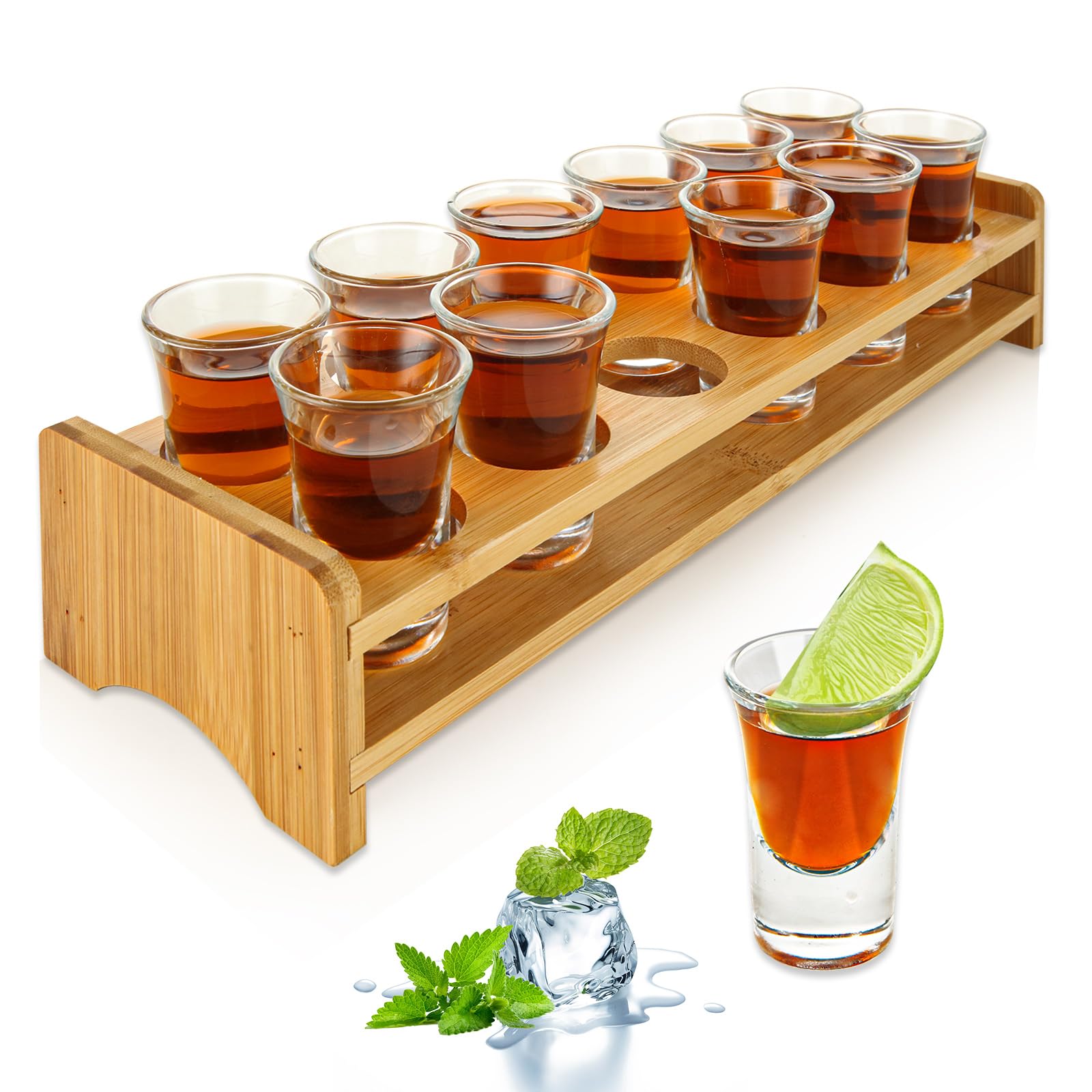 SHUESS Shot Glass Set of 12 30ml/1oz with Shot Glass Tray Holder Straight - Clear Crystal Shot Glasses with Thick Base - Shot Glasses Set for Whisky Brandy Vodka Rum and Home Party Bar