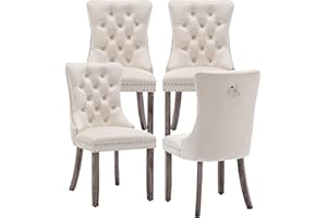 Kiztir Velvet Dining Chairs Set of 4, Upholstered Dining Room Chairs with Ring Pull Trim and Button Back, Luxury Tufted Dining Chair for Living Room, Bedroom, Kitchen (Beige)