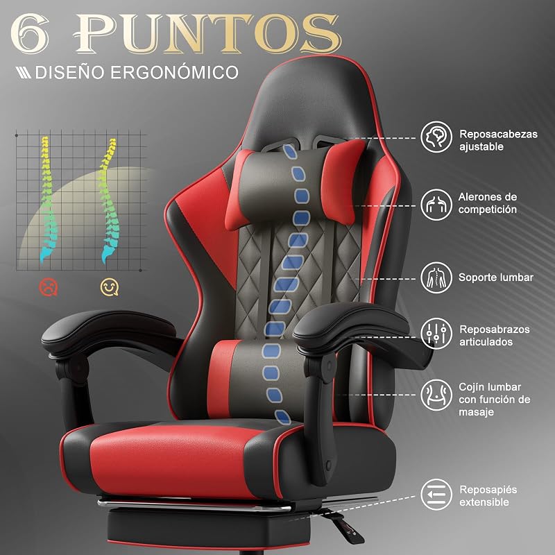 Cadeira profissional de gaming com massageador, cadeira de gaming em PU com apoio de cabeça e apoio, cadeira ergonómica de escritório com massagem lombar, reclinável entre 90-150° e capacidade de 150KG vermelho-preto