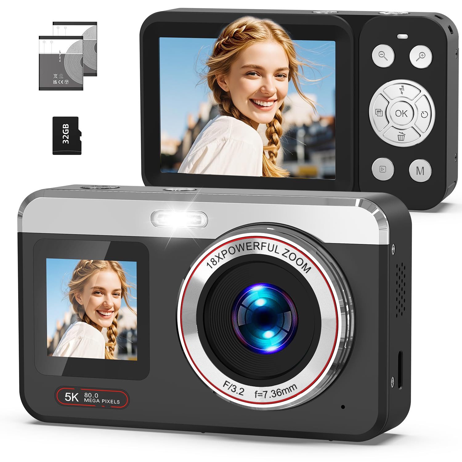 Photo 1 of Hoorola 5K Digital Camera, 80MP Dual Screen Autofocus Vlogging Camera, 18X Zoom Point and Shoot Camera for Photography, Flash, 32GB Card, 2 Batteries, Compact Camera for Teens Adults (Black)