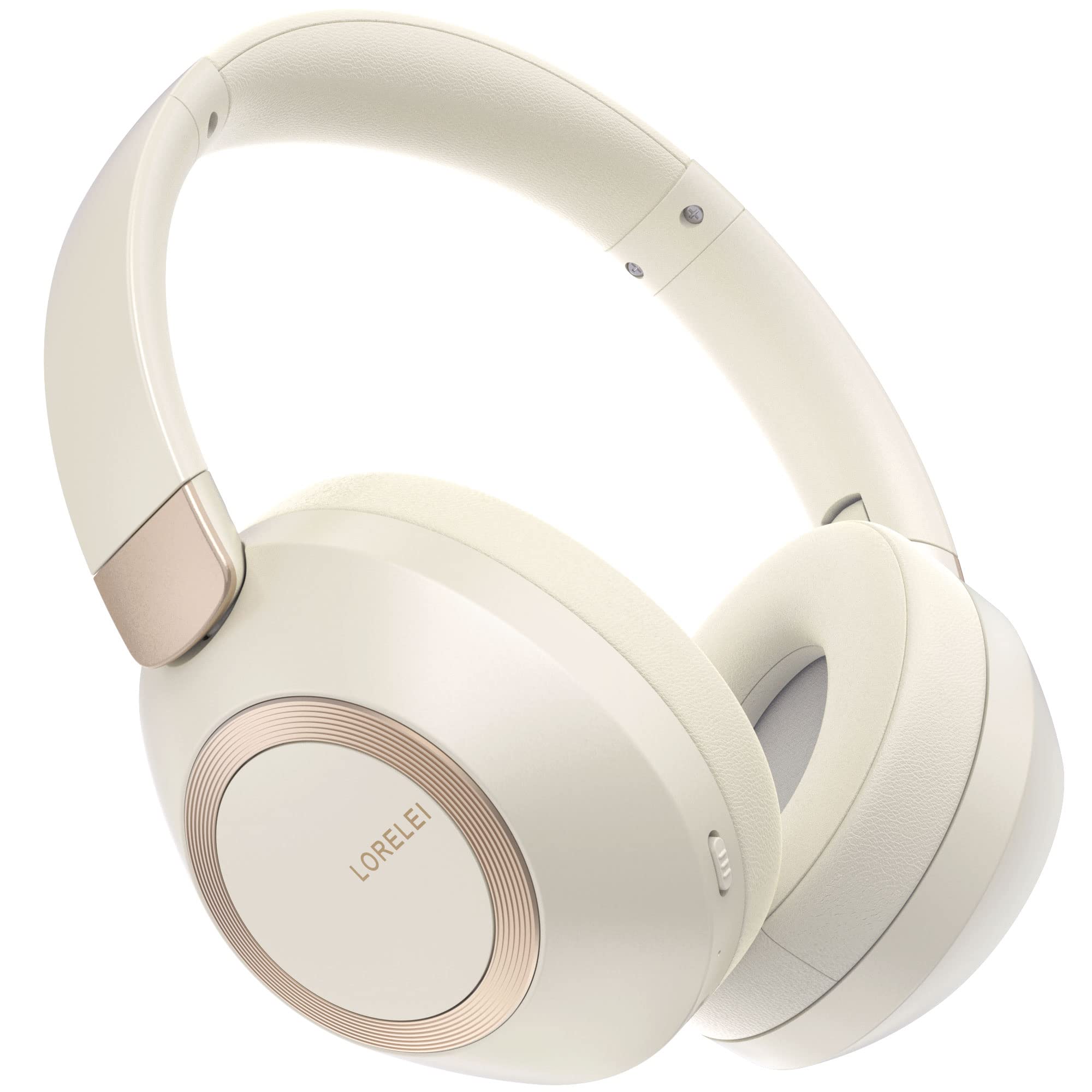 LORELEI B-C6 Wireless Over-Ear Headphones, 50H Playtime Foldable Lightweight Bluetooth Headsets, Deep Bass, Built-in Microphone, Memory Foam Earmuffs for Travel, Office (Beige White)