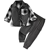 HINTINA Toddler Boy Long Sleeve Plaid Shirts Button Down Sweatshirt Tops and Cargo Pant 2 Pieces Outfits
