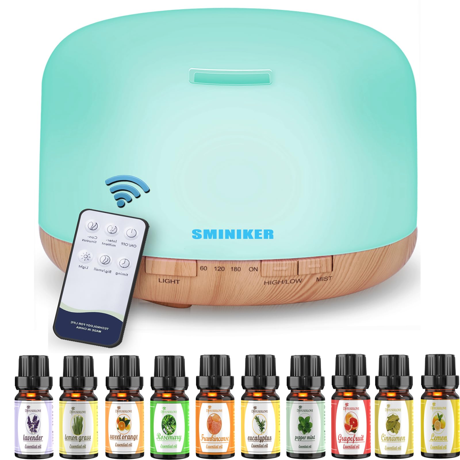 Sminiker Diffuser 500ML Essential Oil Diffuser Adjustable Mist Mode and Waterless Auto Shut-Off with Wireless Remote, 7 LED Light Colors Diffusers for Home