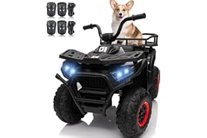24V 4x4 Ride on Toys Car, BLISSRIDE Kids ATV Quad w/Kneepads, Bluetooth Music, LED Lights, Rear Storage Rack, Spring Suspension, Safe Soft Start&Brake, Electric 4 Wheeler for Kids Boys Girls, L Black