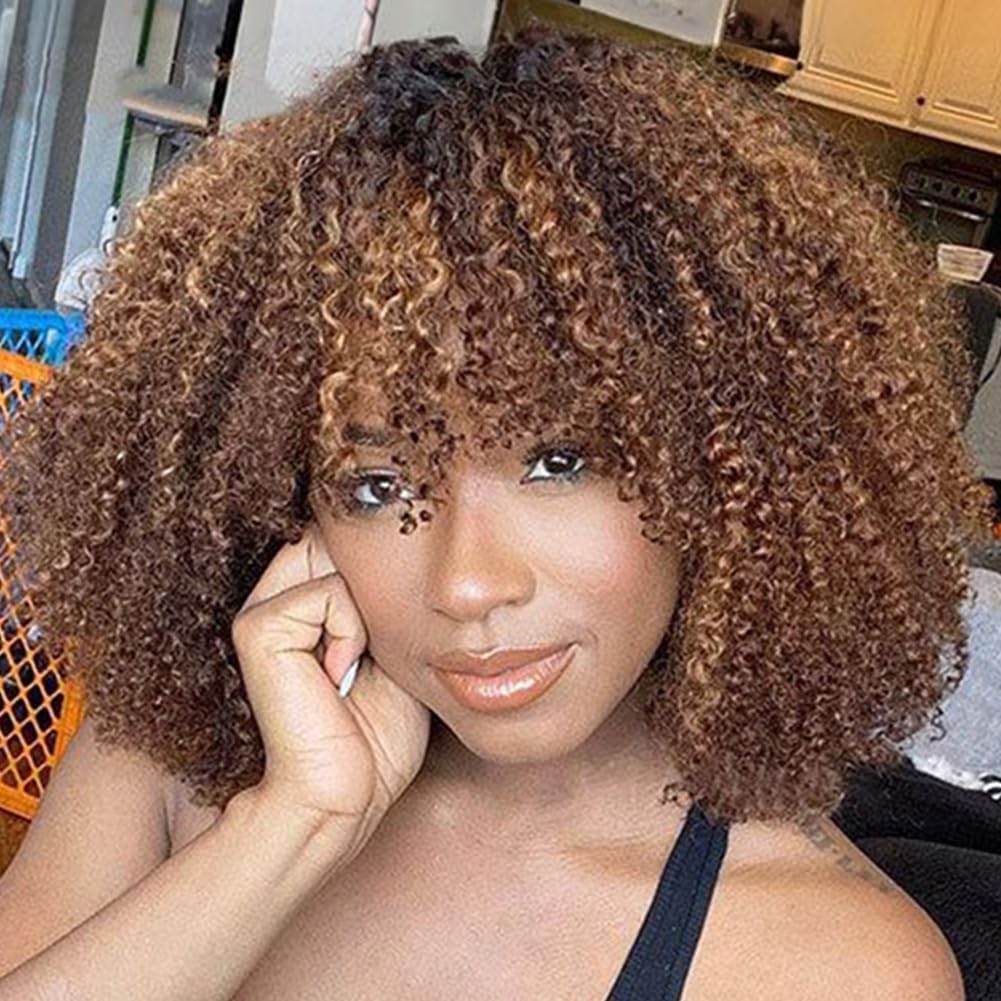 JOEDIR HAIR 250% Density Short Kinky Curly Wig with Bangs Human Hair for Black Women 12 inch Highlight Brown Short Curly Bangs Wig Curly Bob Glueless Wig