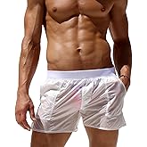 Bowanadacles Mens Swim Trunks Elastic Waist See-Through Summer Beach Shorts Low Waist Bathing Suit Swimwear with Pockets