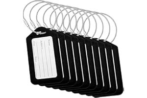 BlueCosto - Luggage Tags - Black, 10 Pack - Suitcase Tags with Name ID Card & Heavy-Duty Metal Wire Loops - Bright Colored PVC Identifiers for Travel Baggage - Backpack Name Labels