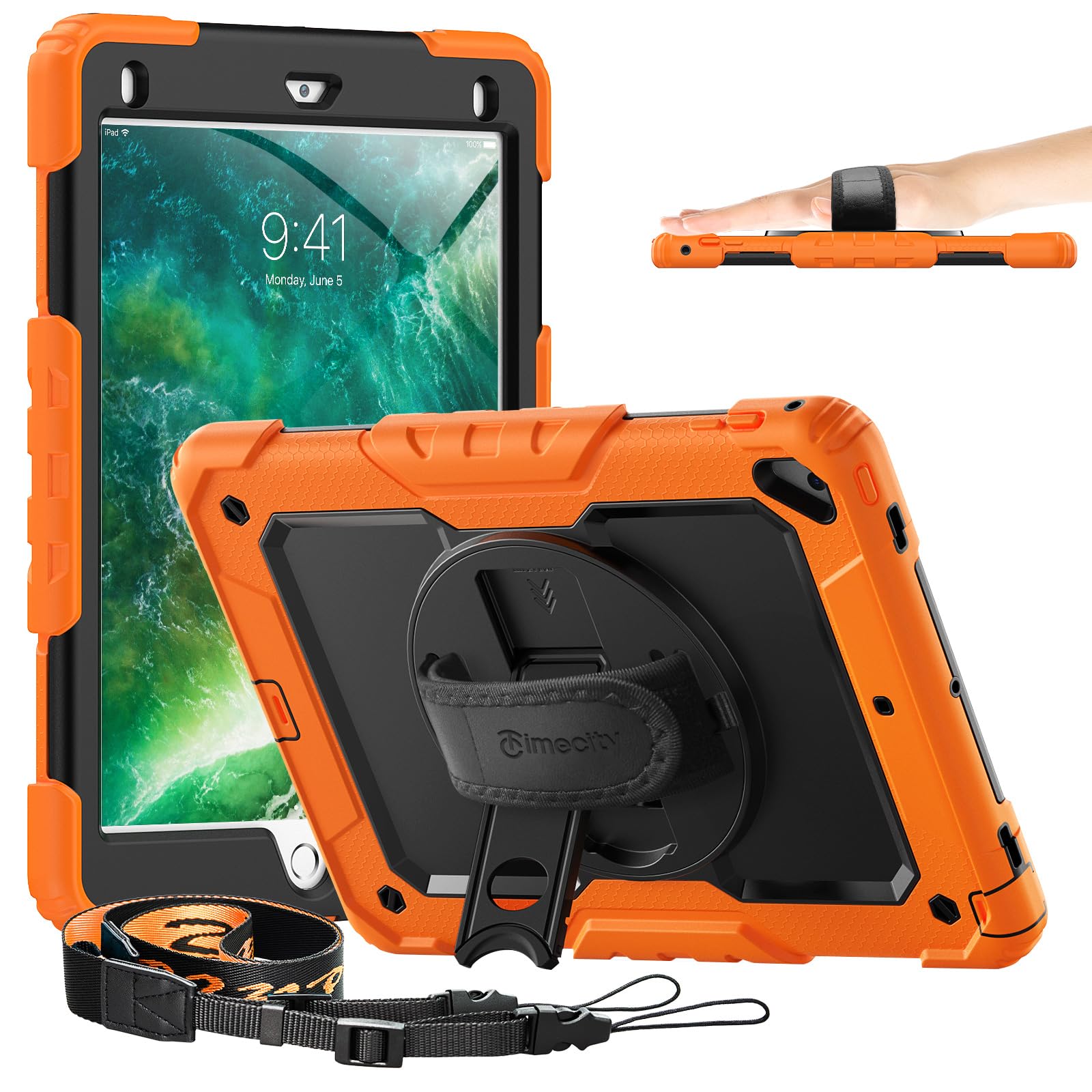 Photo 1 of Timecity Case for iPad 6th/5th Generation, for iPad 9.7 Inch Case with Screen Protector Rotating Stand/Hand Strap Full-Body Silicone+PC Durable Protective Case for iPad 5th/6th /Air 2/Pro 9.7- Orange