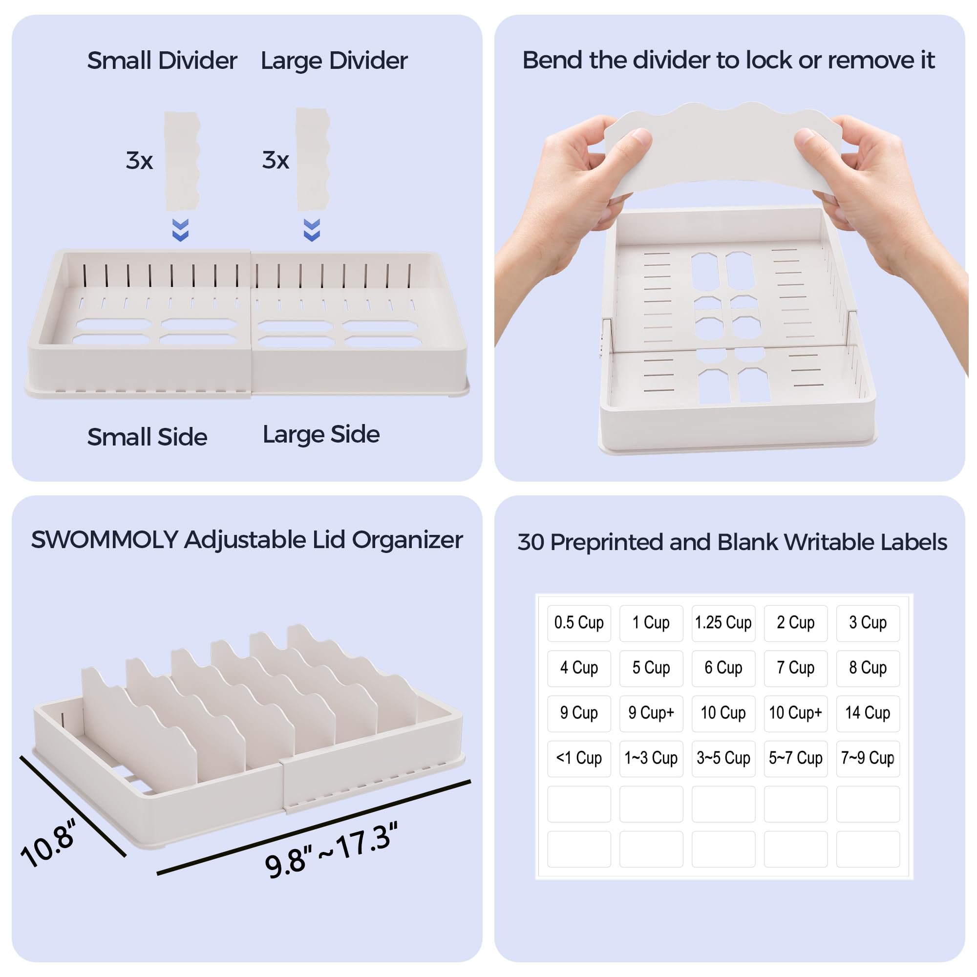 SWOMMOLY Expandable Food Storage Container Lid Organizer, Includes 6 Adjustable Dividers, 30 Preprinted and Blank Writable Labels, White