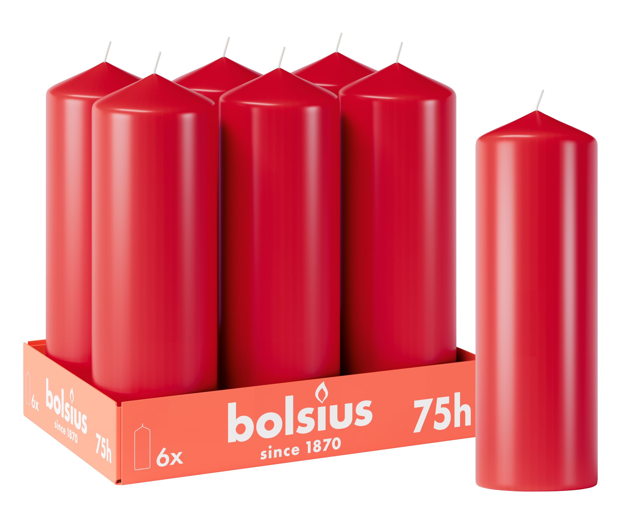 Bolsius Smooth Pillar Candles - Red - Pack of 6-20 x 7 cm - Decorative Household Candles - Burn Time 75 Hours - Unscented - Contains Natural Plant Wax - Without Palm Oil