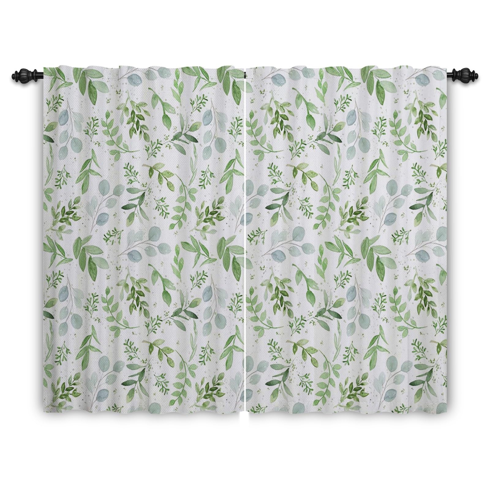 GGAIMWF Green Leaf Botanical Pattern Curtains - Vintage Country Farmhouse Pencil Pleat Drapes for Living Room, Balcony, Patio - 117x138cm, 2 Panels