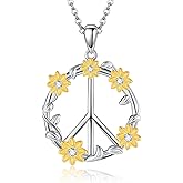 CUPENDA Peace Necklace Sterling Silver Sunflower Peace Sign Pendant Necklace Hippie Jewelry for Women