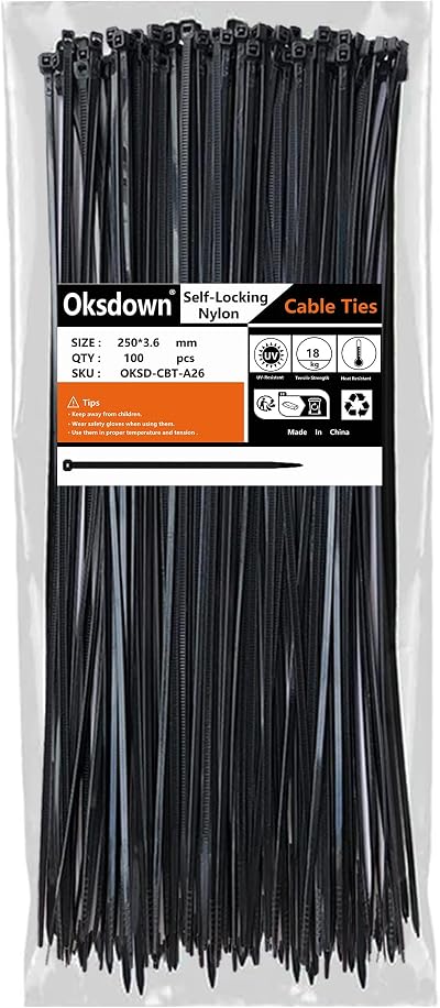 Oksdown 1000 Pack Black Nylon Cable Ties 250mm 3.6mm Heavy Duty 18kg