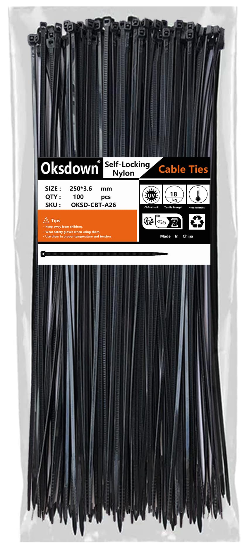 Oksdown 100 Pack Black Plastic Cable Ties 250mm×3.6mm Heavy Duty Strong Nylon Premium Self Locking 10 inch/25 cm Long Zip Tie Wraps — image 1