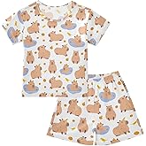 KUEJOP Cute Capybara with Birds Summer Cute Pajama Sets, Short Sets for Daily Wears and Sleep Wears