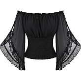 Scarlet Darkness Women Pirate Renaissance Off Shoulder Top | Chiffon Peasant Blouses, Smocked Waist, Bell Sleeve, Suitable for Ren Faire Fairy Steampunk Party