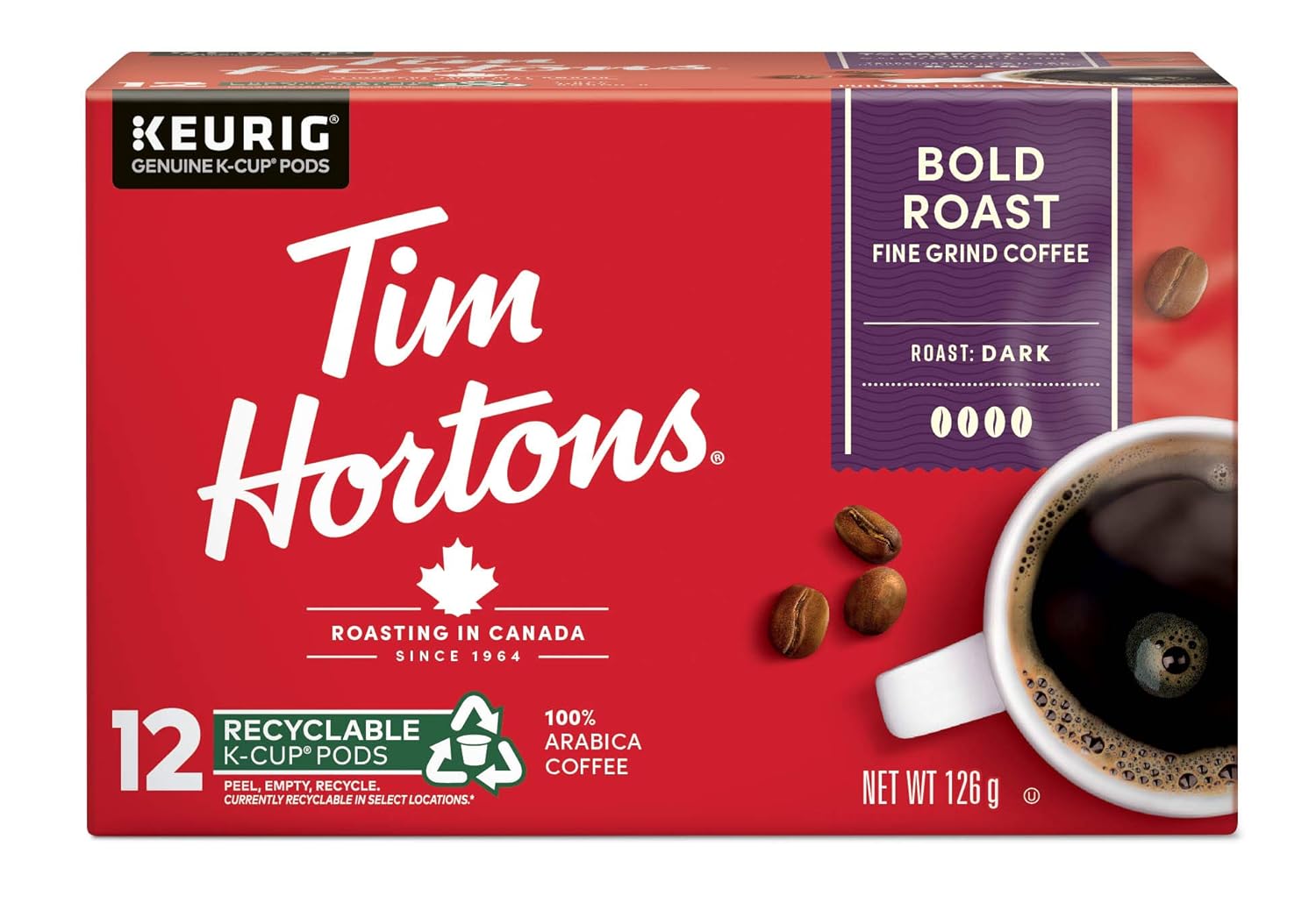 Tim Hortons Bold Roast Coffee, Single Serve Keurig KCup Pods, 12 Count