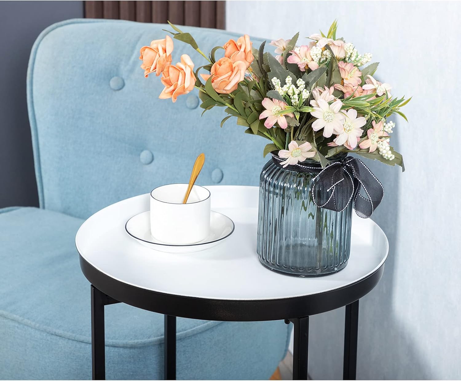 HollyHOME Small Round Metal Waterproof End Table, Accent Indoor&Outdoor Coffee Side Table, Snack Sofa Table for Living Room, Anti-Rust Decorative Plant Stand, (D) 14.5" x (H) 25", Black/White: Kitchen & Dining